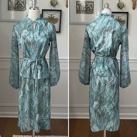 Vintage 70s 2pc Blouse Skirt Green Brown Retro Crosshatch Pattern S